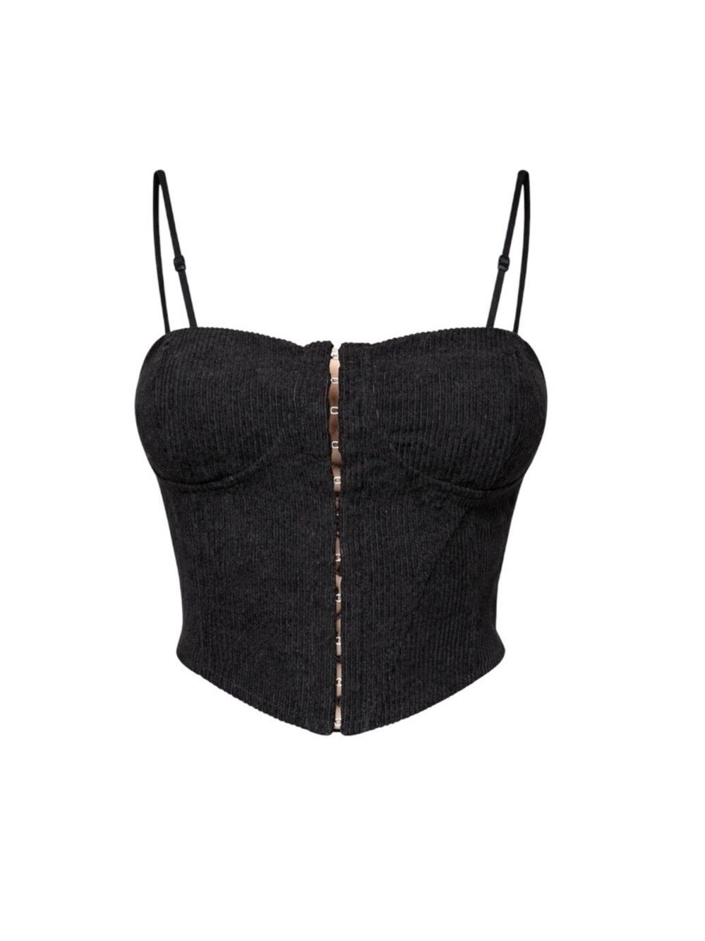 90s Black Corduroy Corset Top Hook Eye Closure Y2K Indie Sleaze Dark Coquette M